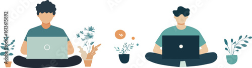 Man working on laptop with plants vector illustration concept of freelance working studying online education work from home or learning