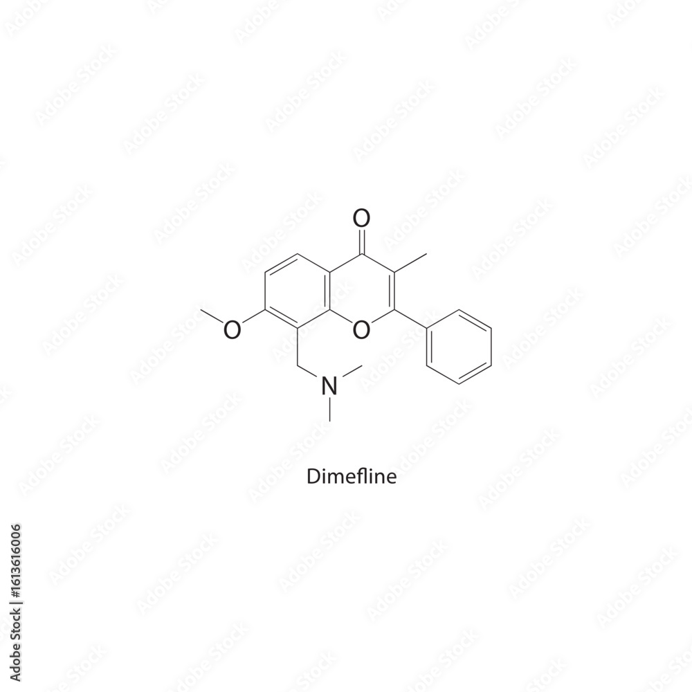 Dimefline skeletal structure. Pharmaceutical compound schematic illustration. Simple diagram, chemical formula. Dimefline skeletal structure. Pharmaceutical compound schematic illustration. Simple diagram, chemical formula.