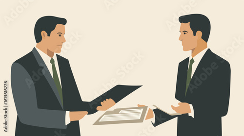 Two businessmen exchanging documents vector illustration business agreement deal partnership contract negotiation corporate collaboration teamwork