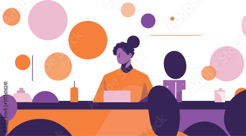 Woman working on laptop at desk with abstract shapes and objects vector illustration for business technology and modern office concepts