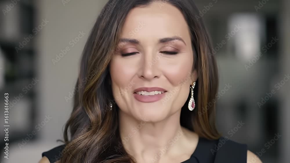 Smiling Woman With Sparkly Hair Wearing Drop Earrings in Blurred Interior Smiling Woman With Sparkly Hair Wearing Drop Earrings in Blurred Interior