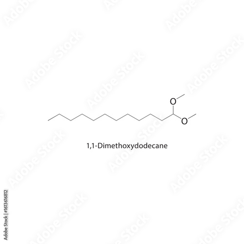 1,1-Dimethoxydodecane skeletal structure. Ether compound schematic illustration. Simple diagram, chemical formula.