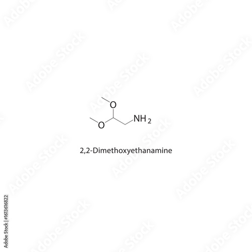 2,2-Dimethoxyethanamine skeletal structure. Amino Ether compound schematic illustration. Simple diagram, chemical formula.