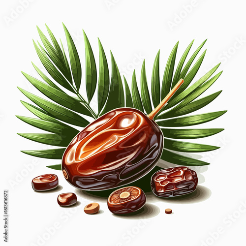 Digital illustration of a date fruit, complete with sections and leaves, presented against a white backdrop.