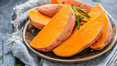 Freshly sliced sweet potatoes on a rustic plate, ready to be cooked.  Bright orange flesh,  ready-to-eat slices