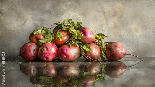 A pile of vibrant, reddish-purple root vegetables, likely beets, rest on a reflective surface.  Leaves cling to the cluster, creating a visually appealing still life