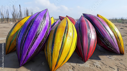 Colorful, stylized, oblong objects, arranged on a sandy surface, showcasing vibrant stripes in various shades of purple, yellow, red, and more.  Each object has a smooth, glossy finish