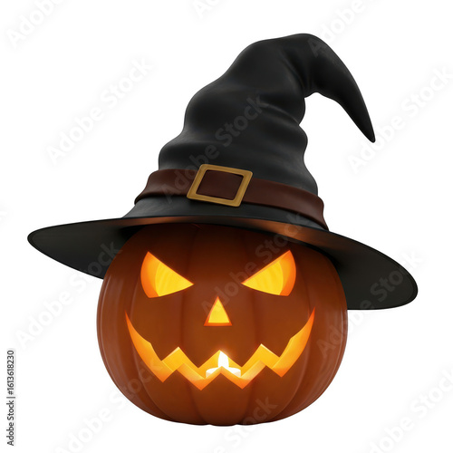  scary halloween pumpkin with a witch hat and glowing eyes, isolated on transparent background