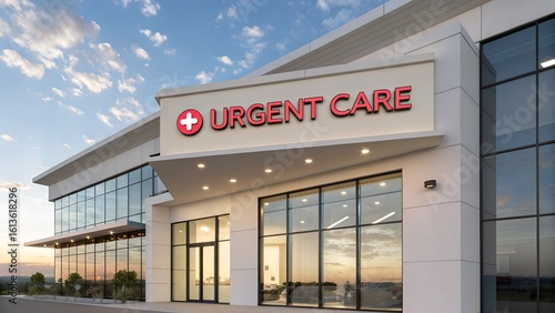Modern urgent care medical clinic building exterior at dusk