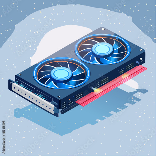 Gaming video card with neon backlight in isometry, A video card with three coolers, rgb led lights levitates in cyberspace. Modern graphics card.