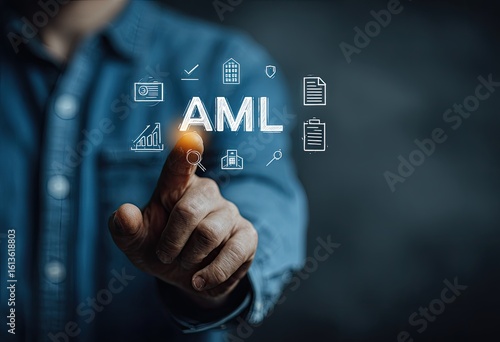Person touches AML acronym, surrounded by financial icons