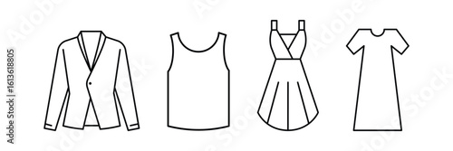 Clothing icon set with jacket, tank top, sundress, t shirt, outline fashion wear for casual, formal, modern style vector illustration.