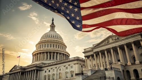 American flag waving in front of the united states capitol building