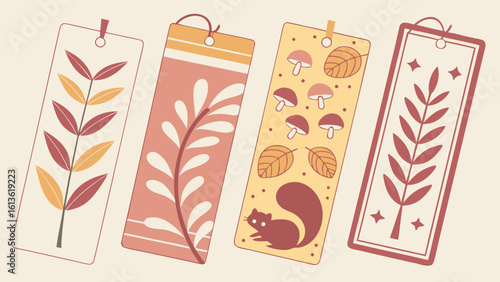 Charming collection of four autumn themed bookmarks featuring botanical illustrations of leaves and branches cute mushrooms and a playful squirrel