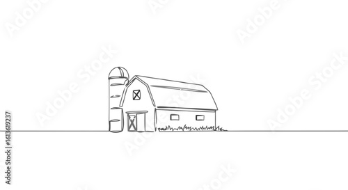 Simple line drawing of a barn with silo in minimalist style, transparent background.  