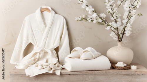 Soft white bathrobe draped elegantly on a wooden table, accompanied by matching slippers, towels, and a vase with delicate flowers, creating a serene spa-like atmosphere