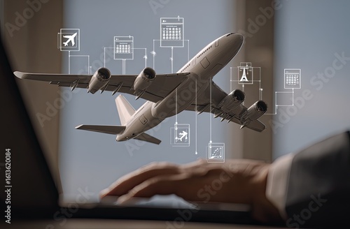 Airplane over a laptop, surrounded by scheduling and management icons