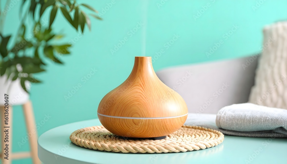 Glass Oil Diffuser on Pastel Aqua Side Table with Linen Coaster in Soft Natural Light Glass Oil Diffuser on Pastel Aqua Side Table with Linen Coaster in Soft Natural Light