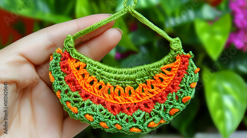 Crochet necklace, vibrant colors,  green, orange,  handmade,  small,  detailed design