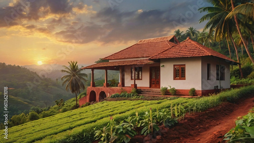 Traditional Red Brick House in a village surrounded by mountains & beautiful plantations, home located in the middle of a picturesque hill station with a gorgeous sunset in the background