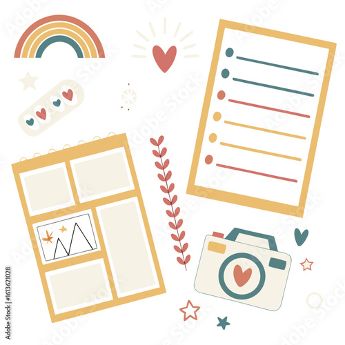 Flat lay of journaling supplies including a camera rainbow checklist and photo album with a whimsical hand drawn aesthetic and warm color palette