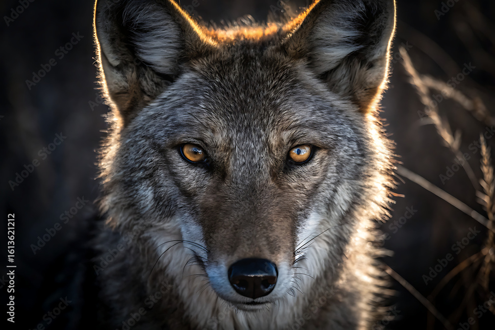 Fototapeta premium Close up portrait of a coyote with intense yellow eyes in natural light
