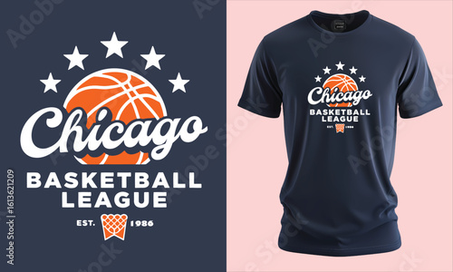 Chicago Basketball League T-Shirt Design – Retro Orange Basketball and Star Graphic Logo for Chicago Sports Fans and Athletes
