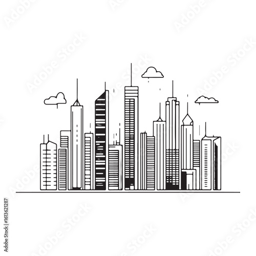 modern city skyline with skyscrapers silhouette, modern city skyline with skyscrapers vector illustration, A stylized black silhouette of city skylines featuring modern skyscrapers