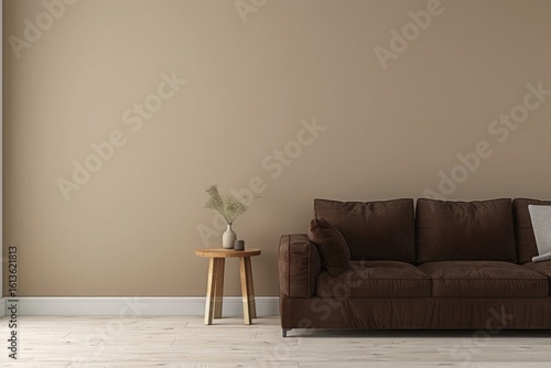 Minimalist Living Room Interior with Brown Sofa and Neutral Blank Wall Space