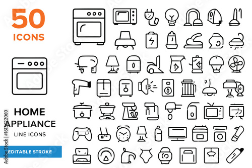 50 Home Appliance Line Icons Set Featuring Kitchen Tools, Electronics, Vacuum, Oven, Fan, Lamp, Washing Machine, Iron, Coffee Maker, Air Conditioner, and Smart Devices – Editable Stroke Vector for UI,