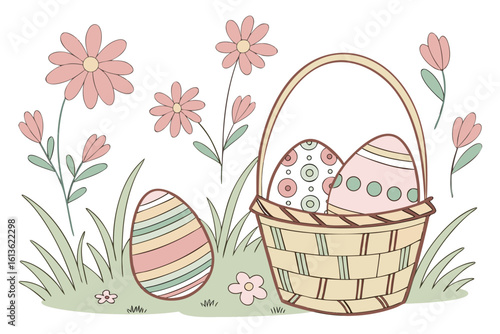 Easter eggs and flowers in a basket on a grassy field