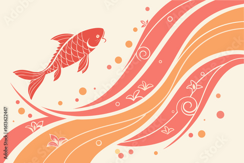 Stylized red fish swims through abstract orange and coral waves