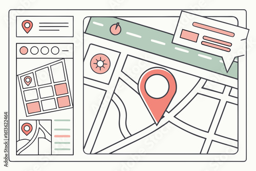 Digital map interface with location pins and navigation elements