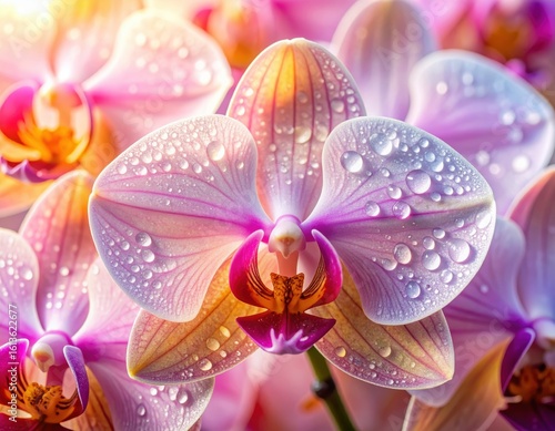 Exquisite pink orchid blossoms adorned with sparkling water droplets, a closeup view