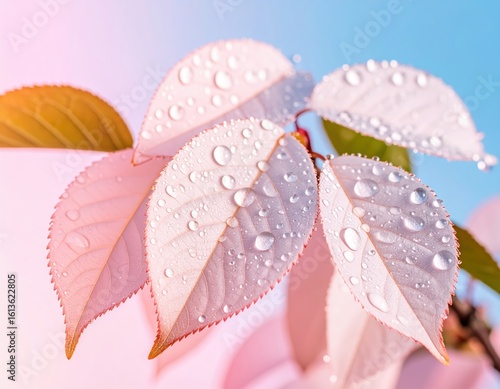 Exquisite macro photography, pink flower petals adorned with glistening water droplets