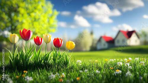 Spring tulips in a grassy field, with houses in the background. Lush green grass, vibrant tulips, and a clear blue sky