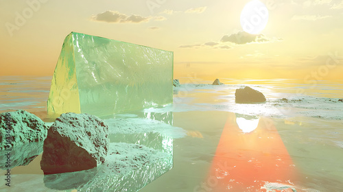 A serene seascape with a large, translucent ice block resting on a calm, golden-toned shoreline.  Rocks and gently rippling water surround it.  Sunrise or sunset