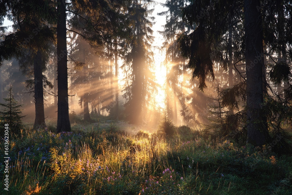 Obraz premium Sunrise in a misty forest