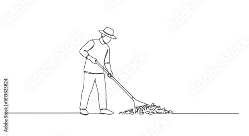 Man raking leaves in outdoor setting wearing a hat and shirt, transparent background.  