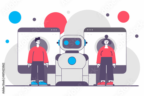 Robot interacting with people on screens representing artificial intelligence and technology