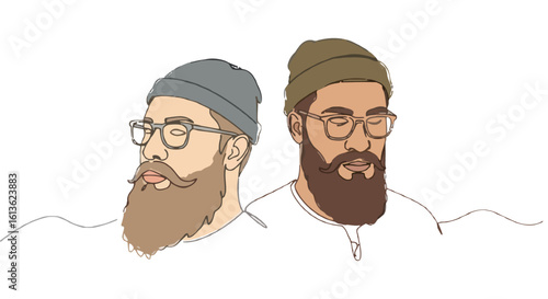 Two bearded men with glasses wearing beanies and relaxed expressions, transparent background.  