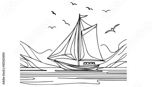 Continuous one single minimal line drawing sailboat