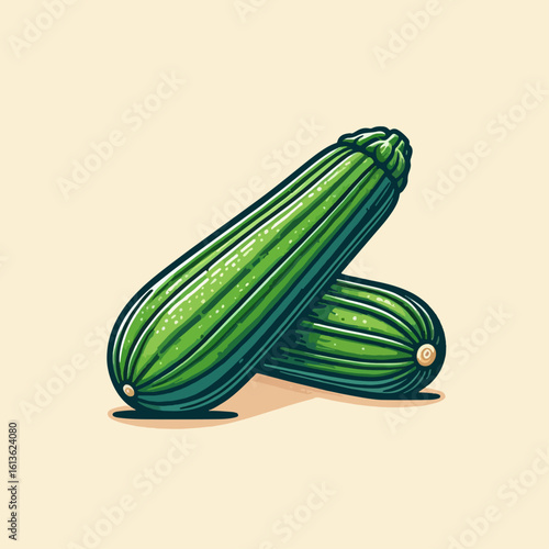 Digital illustration of two vibrant green zucchini vegetables against a pastel background. The style is simple and stylized.