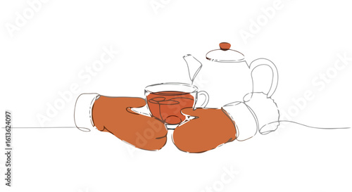 Two hands holding a tea cup and teapot in minimalistic style, transparent background.  