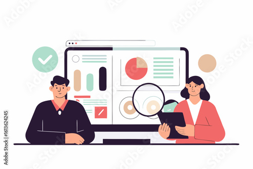 Two people analyzing data on a large computer screen with charts and graphs