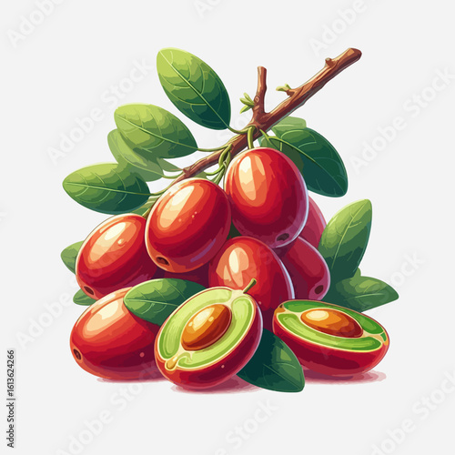 Vivid digital illustration of a bunch of red fruits with leaves and some cut in half showing inner portions.