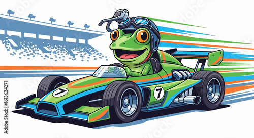 A cartoon frog wearing a helmet and goggles drives a green race car with number 7 on a racetrack with colorful speed lines.