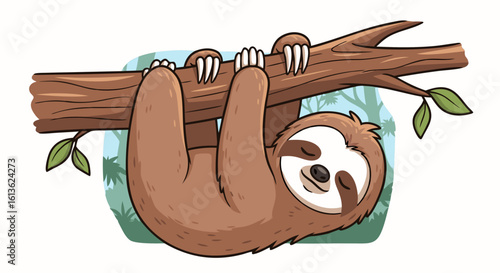 A cartoon sloth hangs upside down from a tree branch, smiling peacefully against a jungle background.