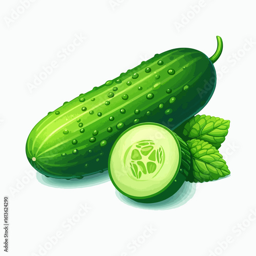 Vibrant illustration of a whole cucumber and a slice, with water droplets and fresh mint leaves, presented against a plain white background.