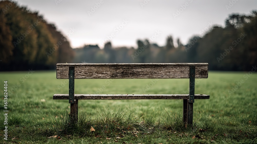 Fototapeta premium A solitary wooden bench in a tranquil park setting surrounded by lush greenery and soft, muted colors.